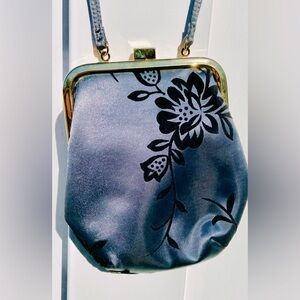 Liz Claiborne grey satin/black velour evening bag -gold hardware & top snap